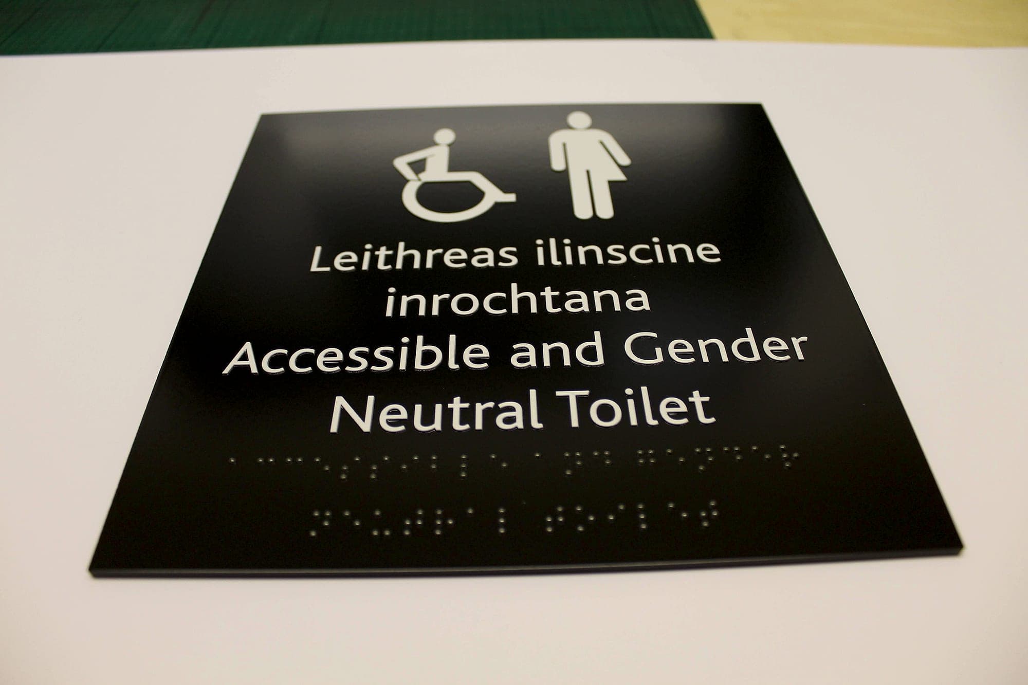 University College Dublin: bilingual Irish and English accessible and gender-neutral toilet sign with the International Symbol of Access, raised tactile mixed-case lettering and braille on a matt black panel