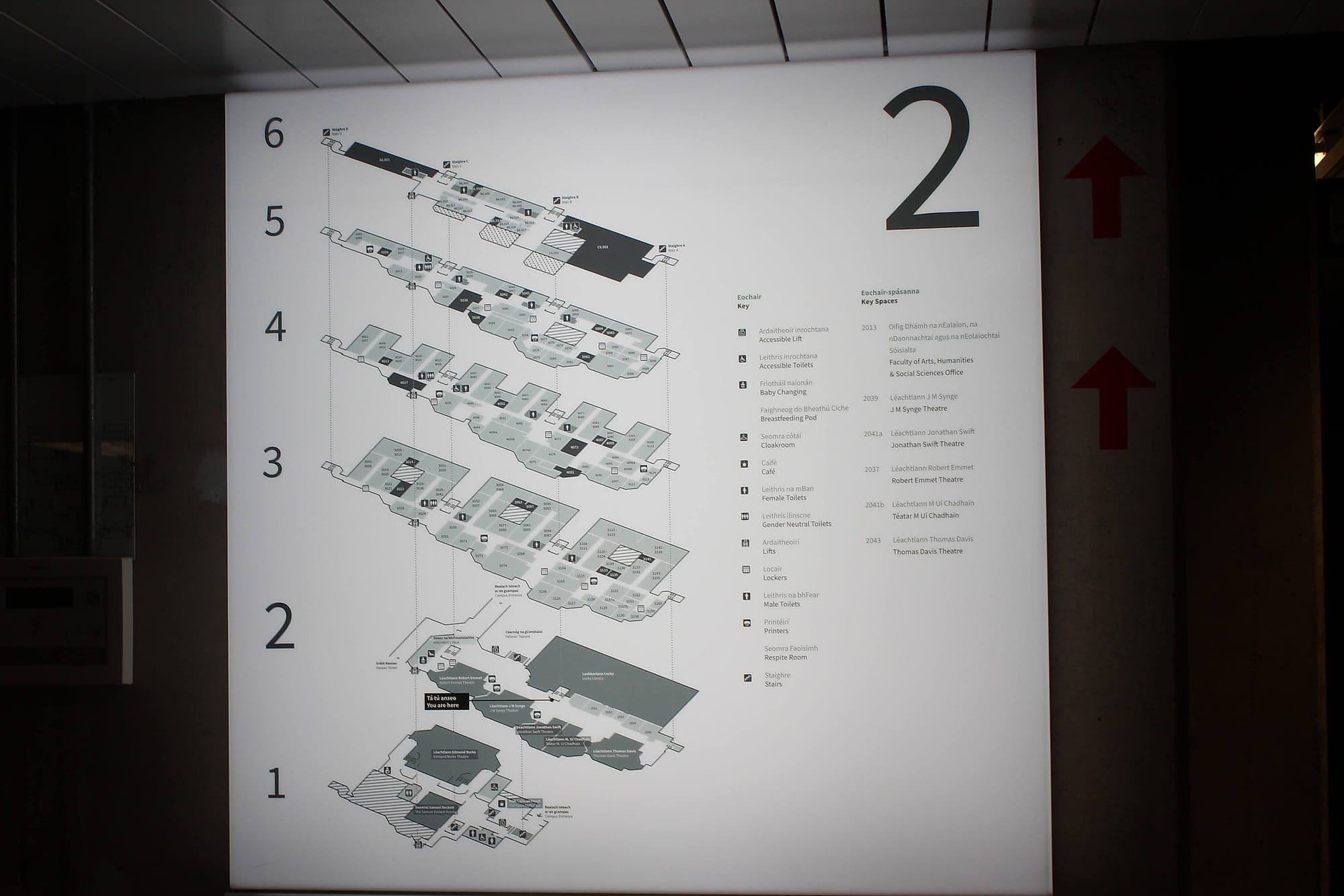 Backlit bilingual level map glowing in a dim concourse at Trinity College Dublin's Arts Building. Accessible wayfinding depends on the light that reaches the sign