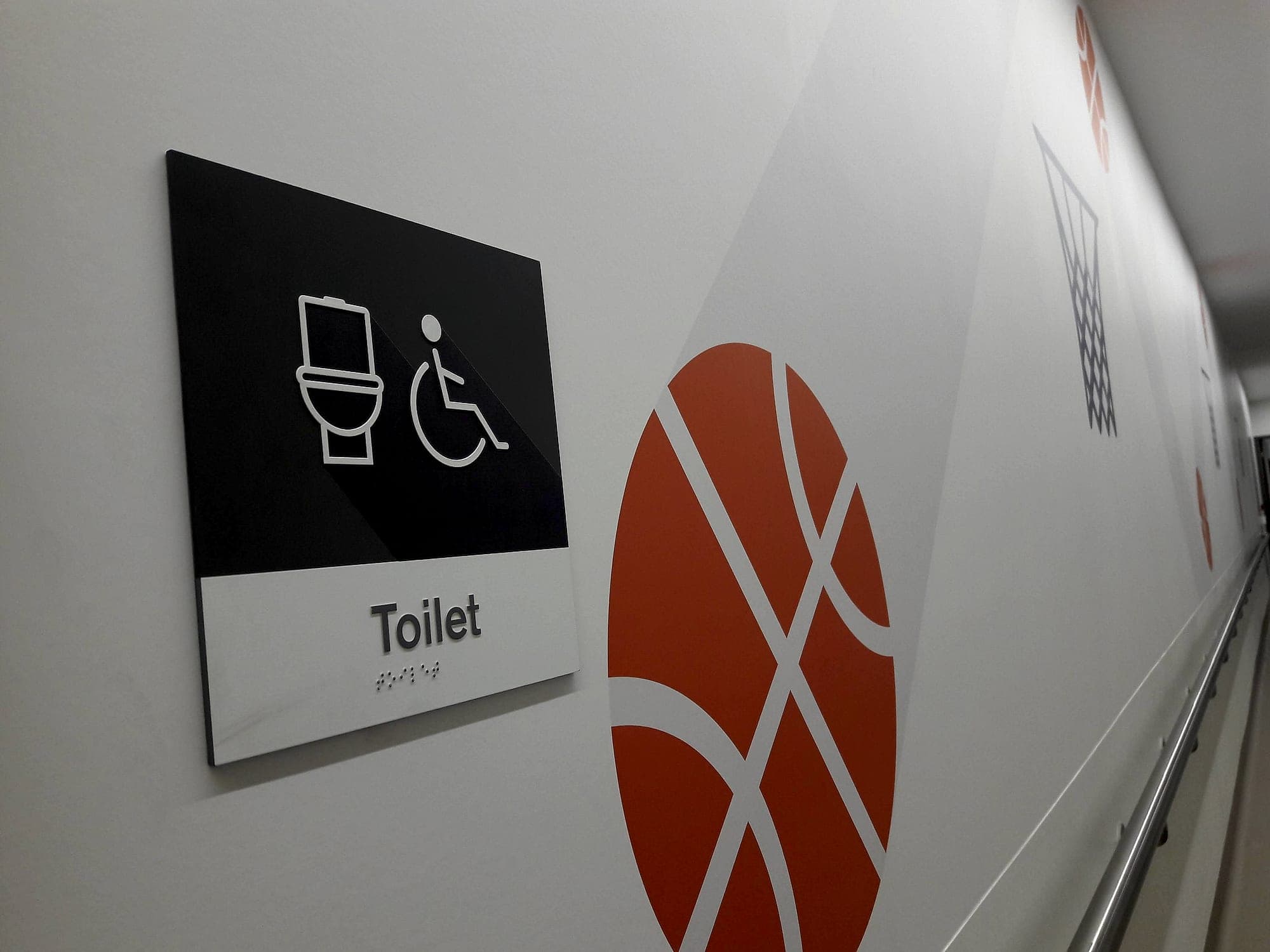 The National Rehabilitation Hospital, International Symbol of Access on an accessible toilet sign: white wheelchair and WC pictograms on a charcoal panel above a white band carrying raised mixed-case 'Toilet' lettering and braille