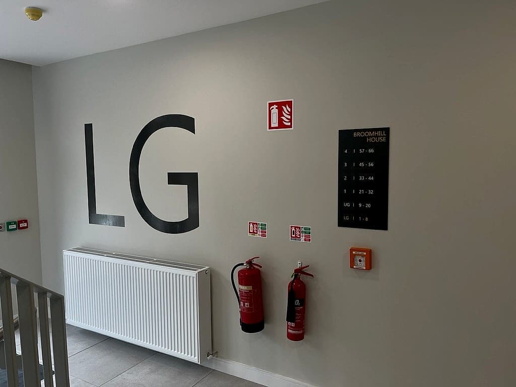 ISO 7010 safety signs in a residential stair lobby: a red fire-equipment sign above two extinguishers with their identification labels, a call point, and the building's own black floor directory