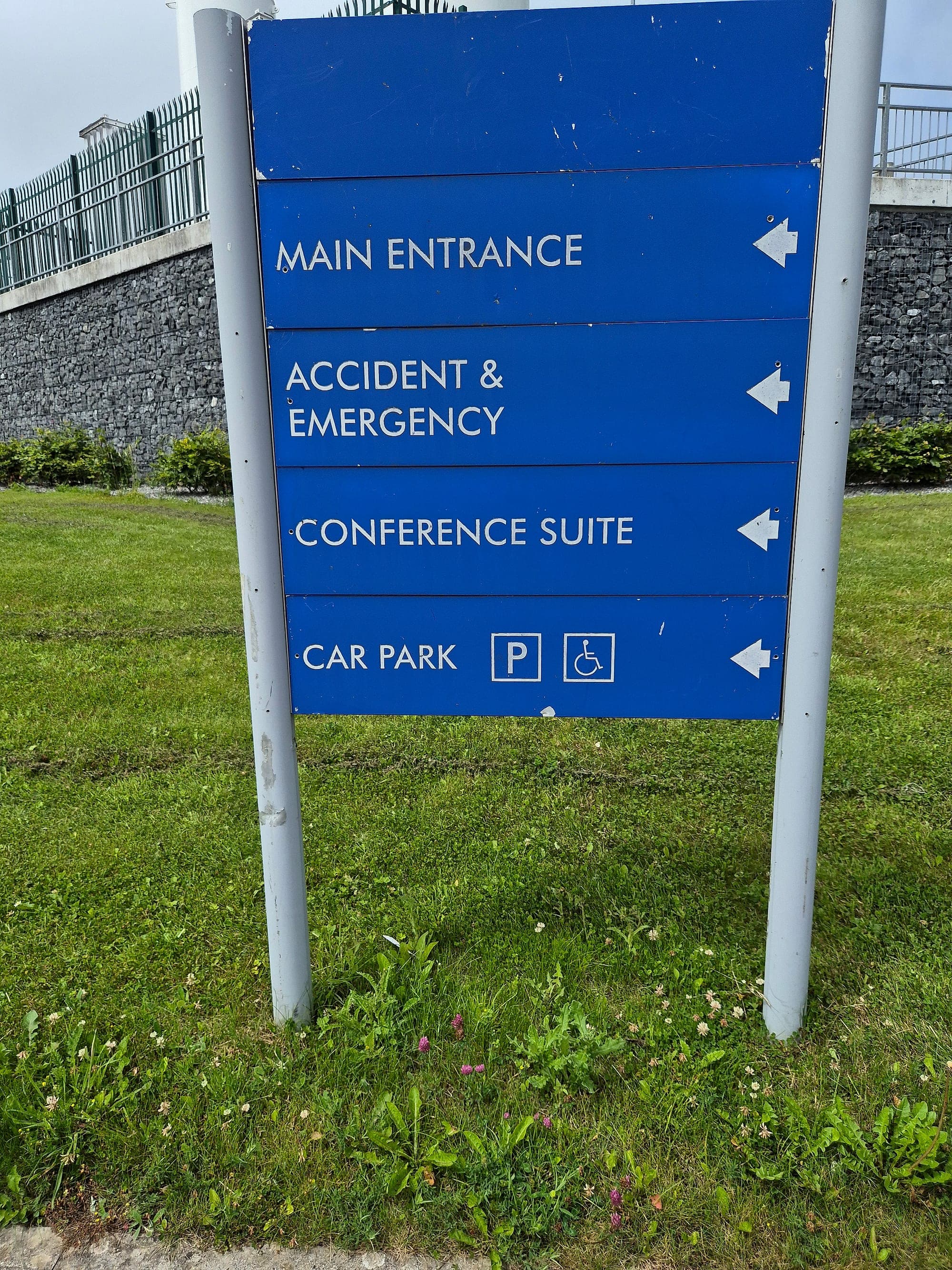 Existing external directional sign on the approach to Mayo University Hospital, recorded during a wayfinding audit: a weathered blue post-mounted panel listing Main Entrance, Accident & Emergency, Conference Suite and Car Park, each with a left arrow, under a blank panel at the head of the sign where a destination once sat