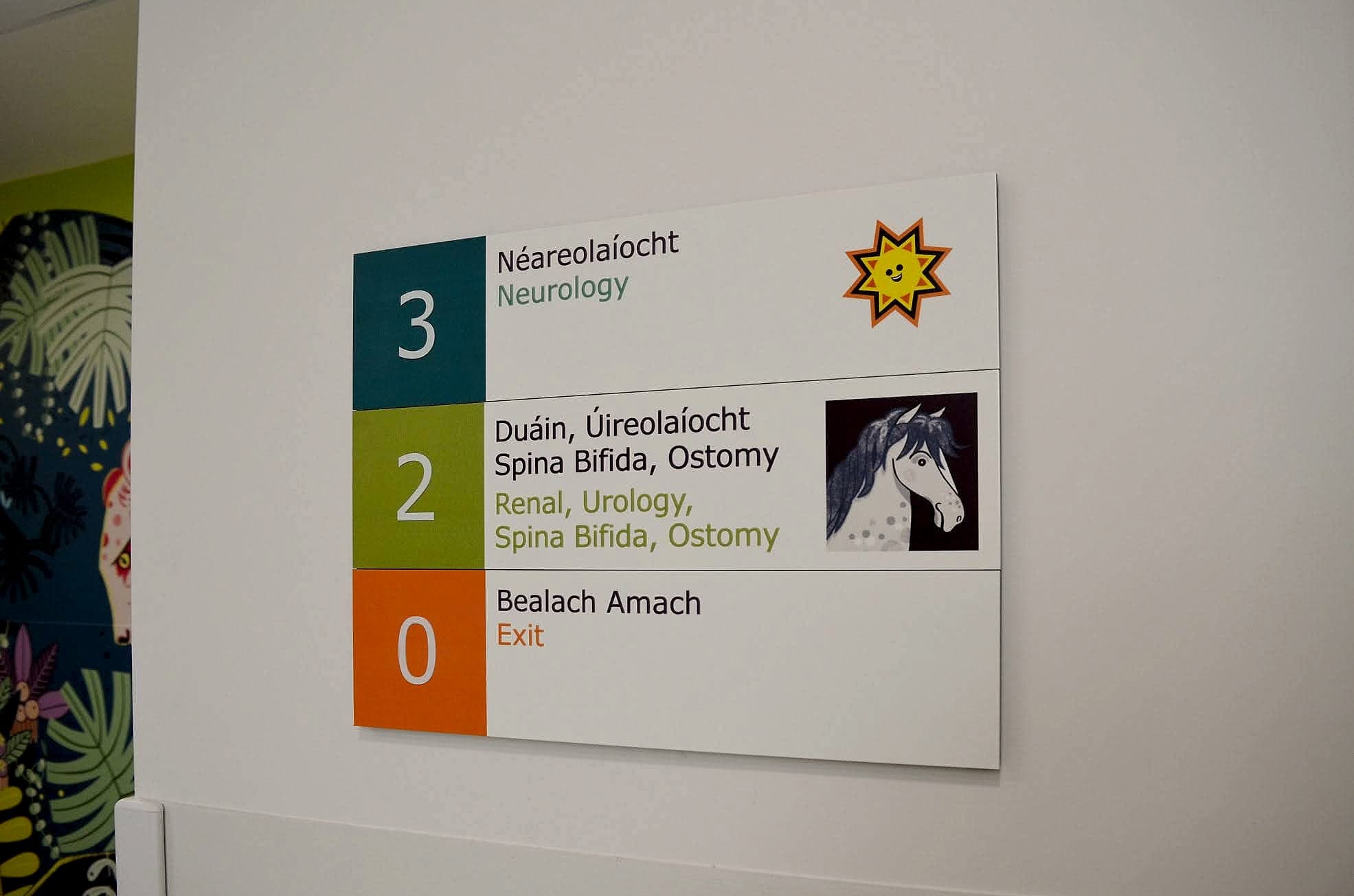 Bilingual children's hospital signage at Temple Street Children's Hospital, Dublin: a three-level directory with Irish above English, a colour block and numeral for each floor, and a sun and a horse illustration used as level motifs