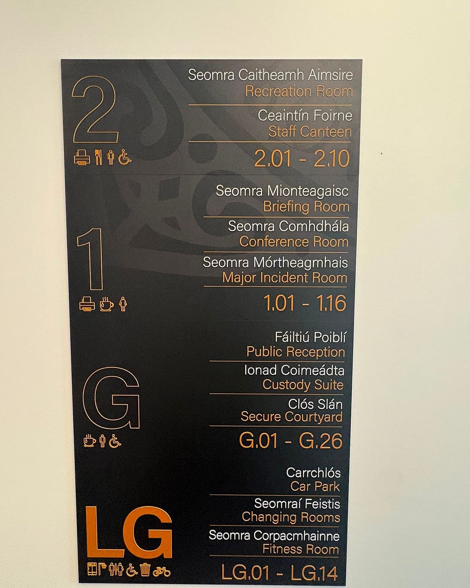 An Garda Síochána: bilingual Irish and English floor directory sign with Irish in white above English in amber, floor numerals and accessibility pictograms down the left edge