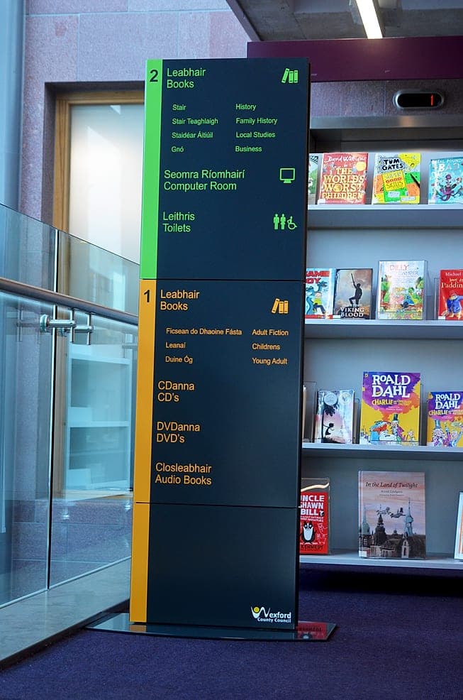 Bilingual Irish and English floor directory monolith at Wexford Library listing books, computer room and toilets by level with colour-coded floors and pictograms