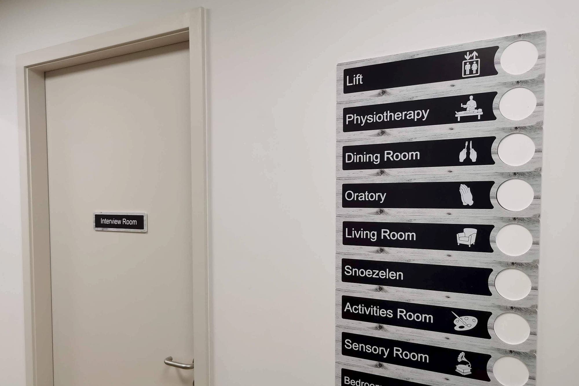 Both principles on one wall: dementia-friendly directional sign listing lift, physiotherapy, dining room, oratory, living room, snoezelen, activities room and bedrooms in white on black bars with large pictograms, beside a small low-key interview room door plate