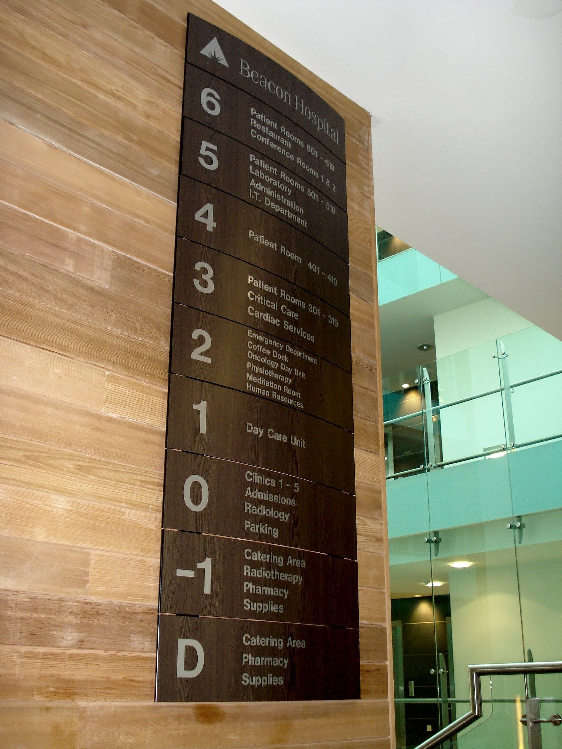 Hospital directory signage at Beacon Hospital Dublin: floor-by-floor directory on curved timber panels listing departments per level