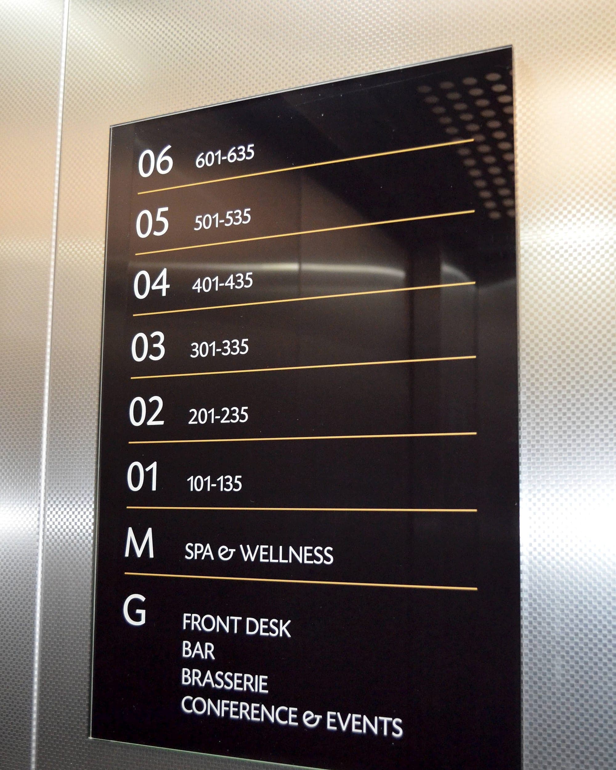 Hotel signage inside a lift car at The Marker Hotel, Dublin: black glass floor directory listing bedroom number ranges per floor, spa and wellness at mezzanine, and front desk, bar, brasserie and conference and events at ground