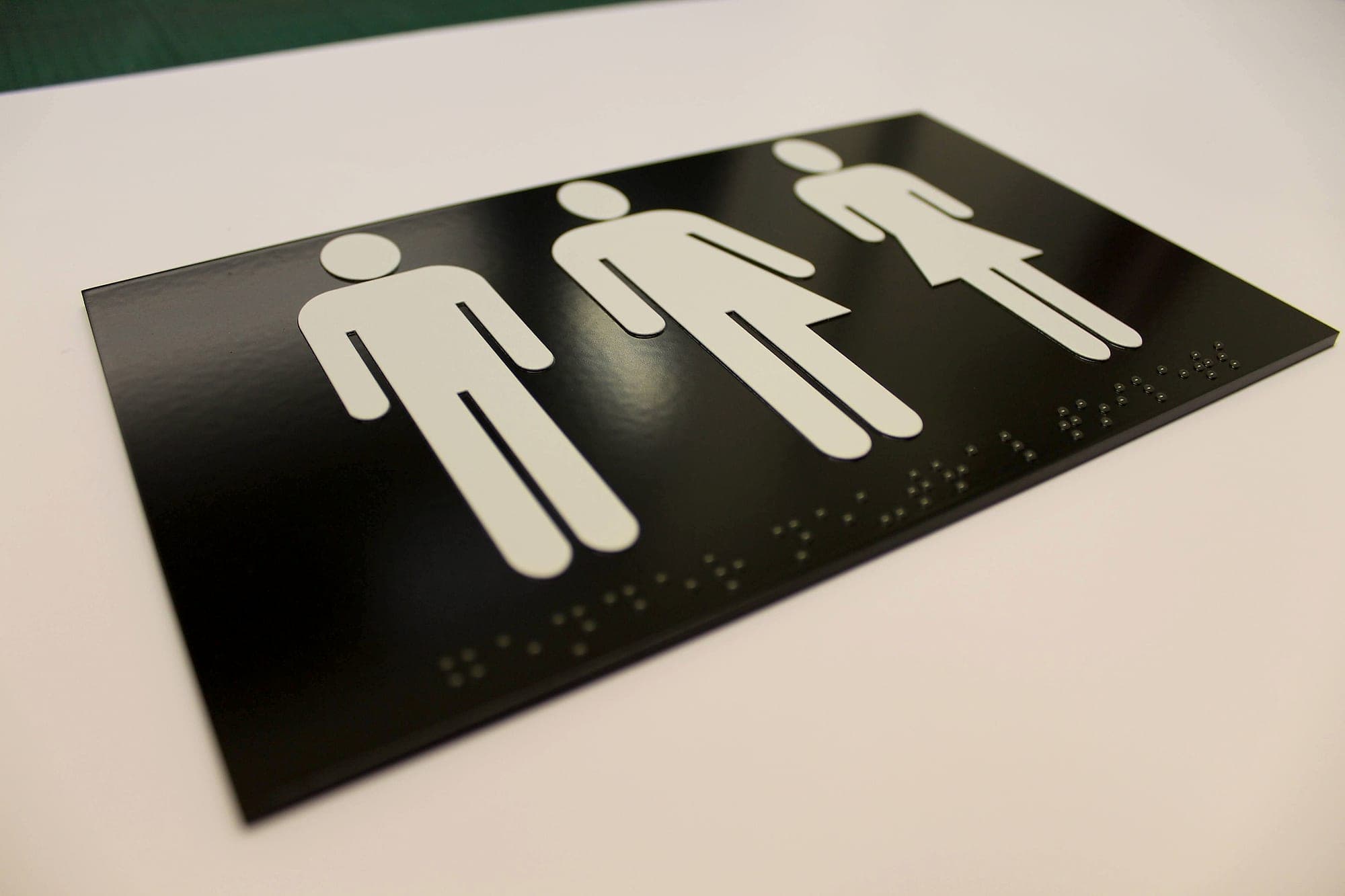 Tactile pictogram and braille toilet sign at UCD, in black and white: the physical layer that a NaviLens marker is designed to sit beside, not replace