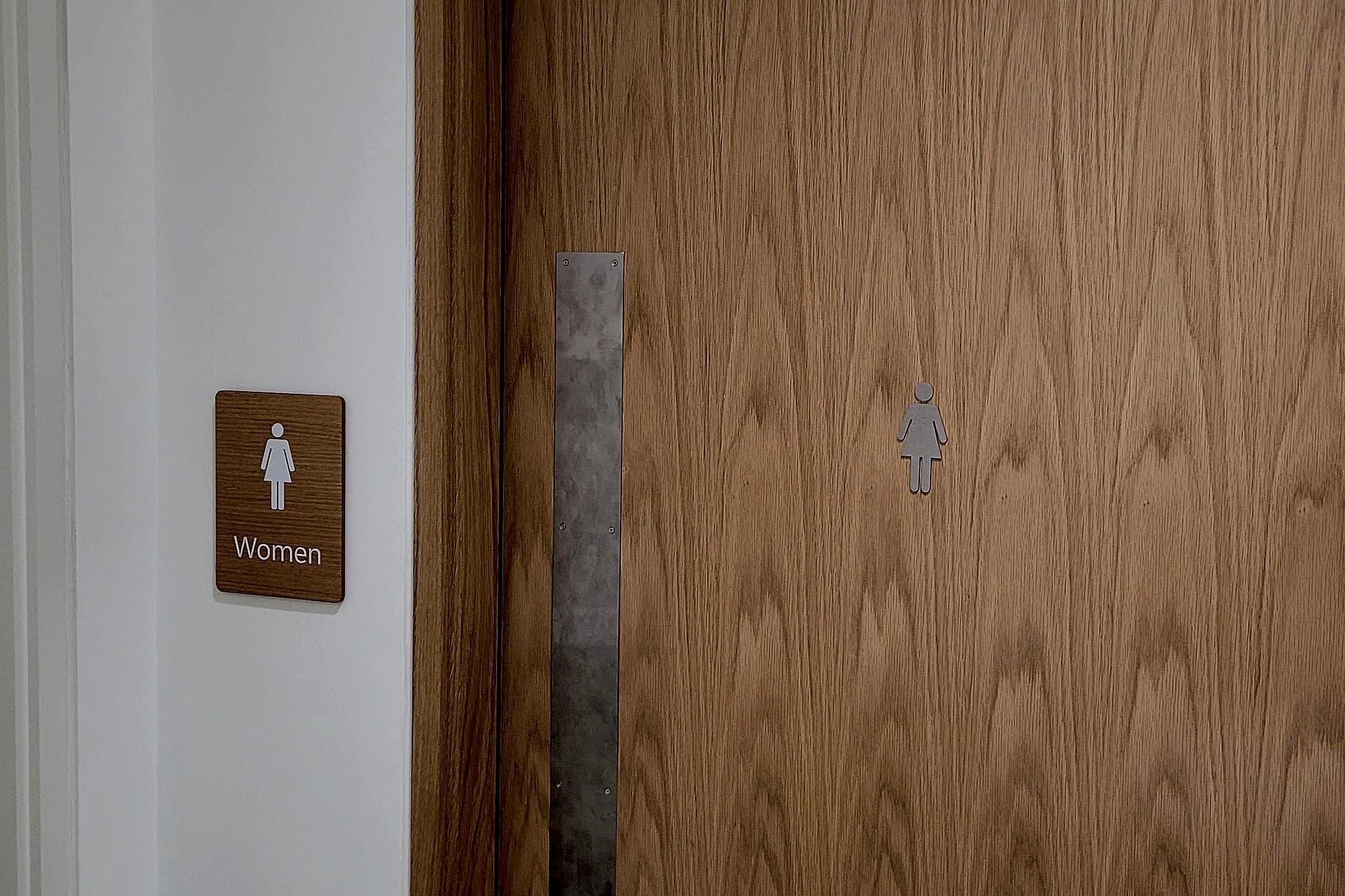 Accessible office door signage at Salesforce HQ: an oak-faced toilet sign with a white pictogram and mixed-case lettering on the wall beside the door, with a matching stainless pictogram applied to the door leaf itself