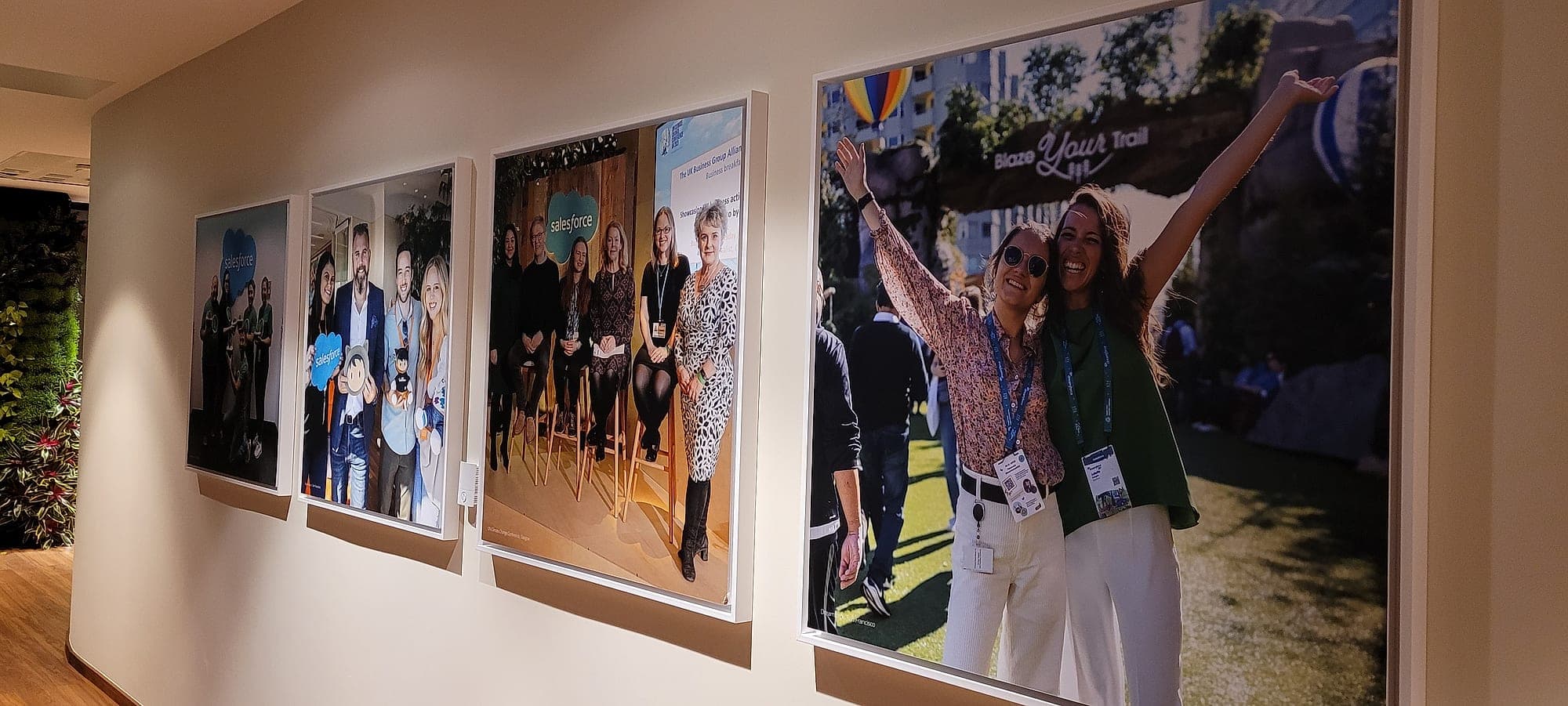 Office signage as environmental graphics: a corporate corridor hung with framed, lit company photography beside a living green wall