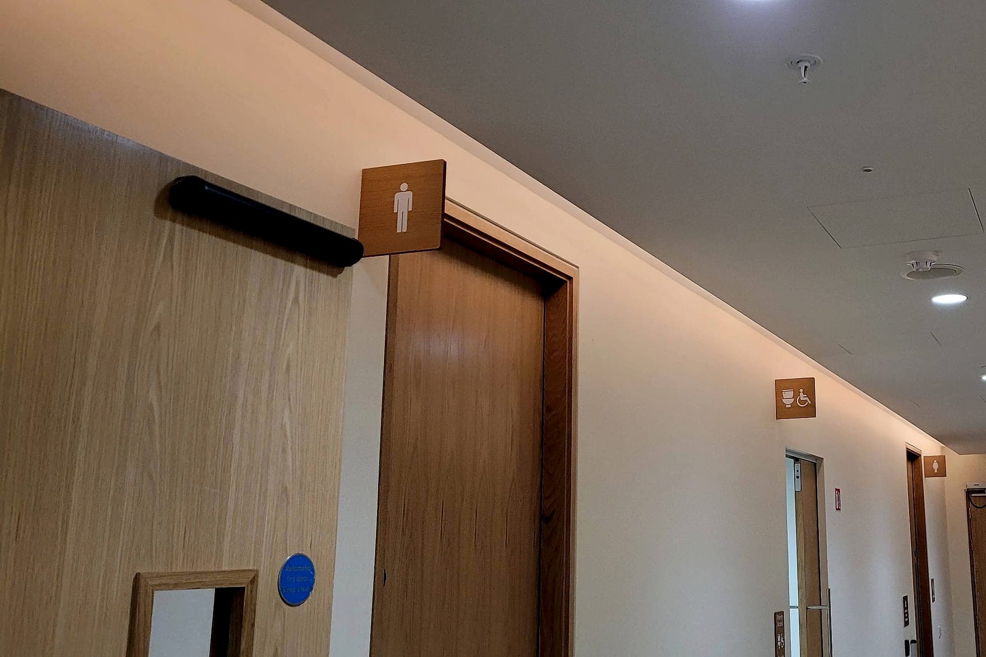 Salesforce. Projecting pictogram signs in a corridor sightline: timber-faced blade signs for the toilets and accessible toilet set proud of the wall above successive door heads, legible along the length of the corridor