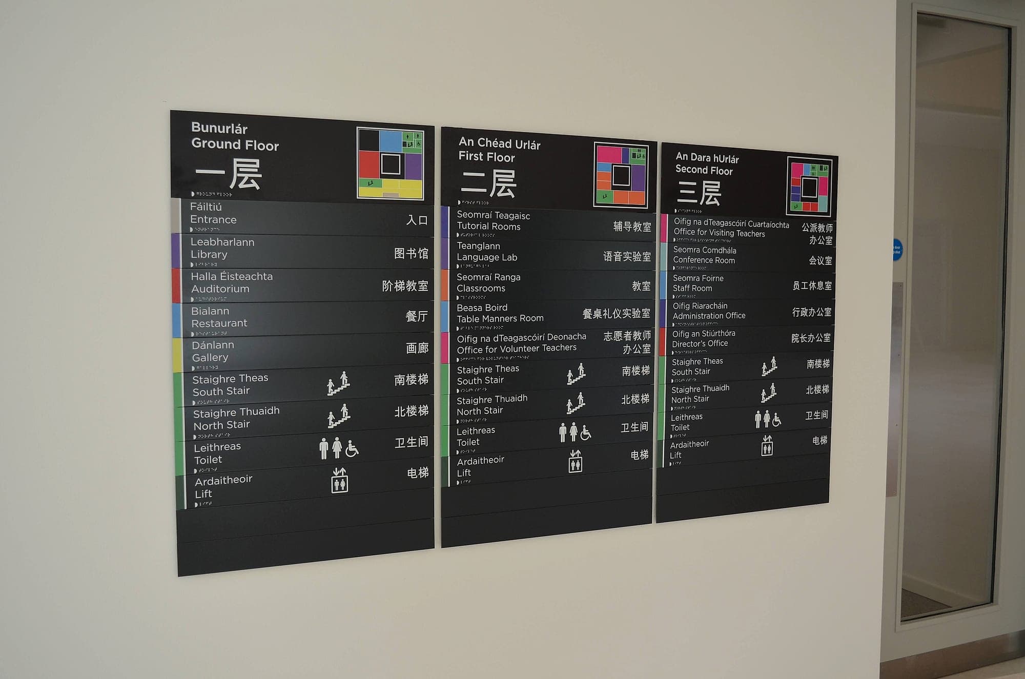 The Confucius Institute: three floor directory panels in Irish, English and Chinese with braille, pictograms and colour-coded floor keys, listing the destinations on the ground, first and second floors