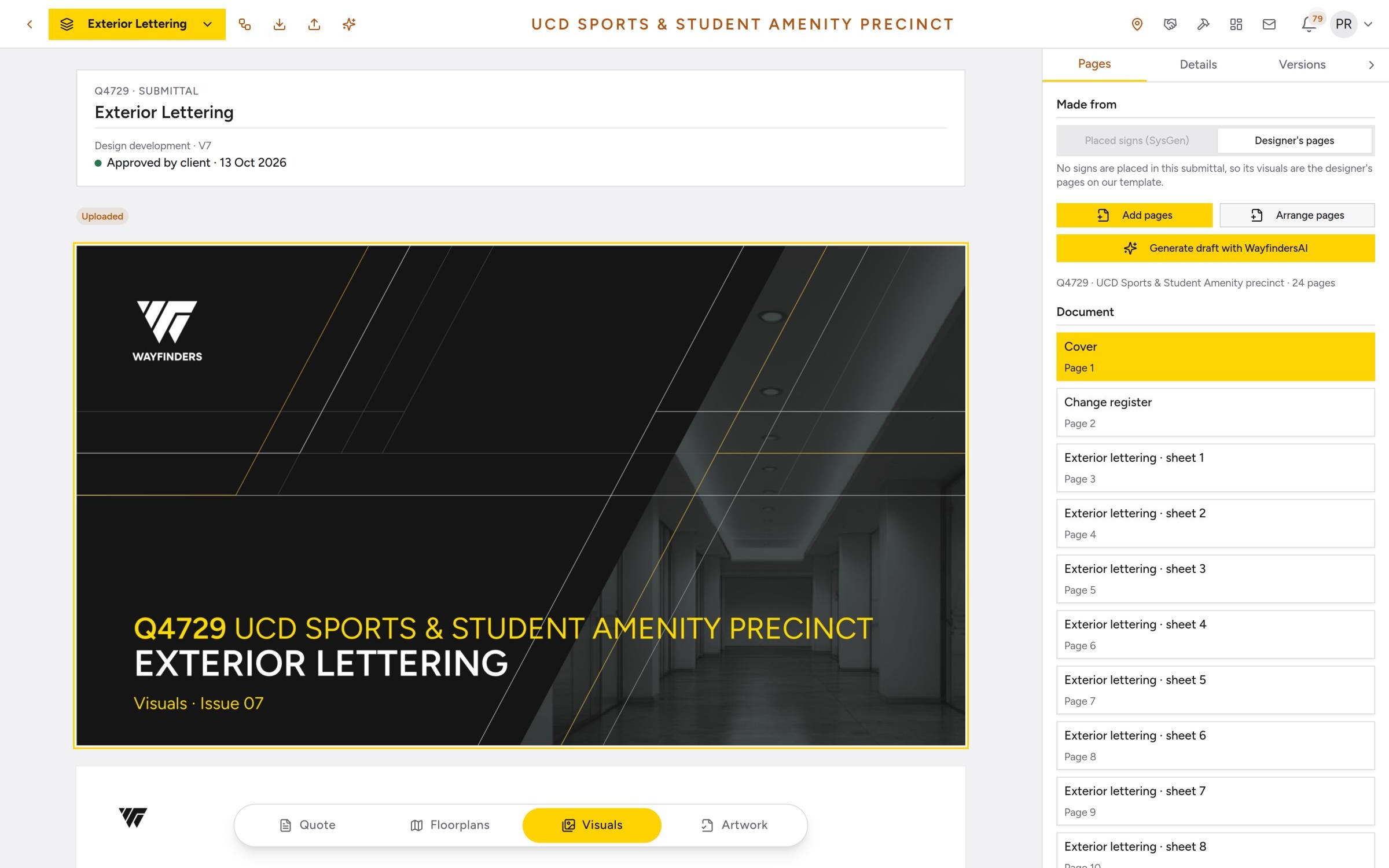Design approval view for a UCD exterior lettering submittal marked approved by the client, with the branded visuals pack and page list