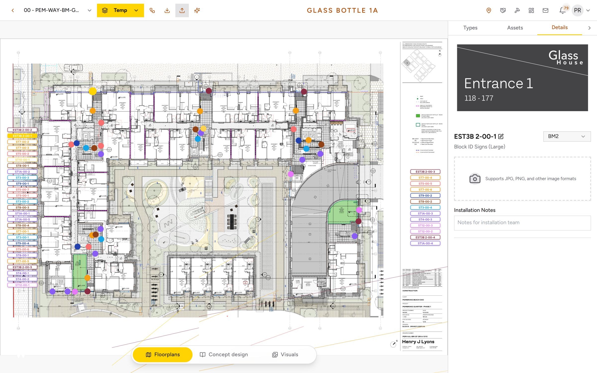 Our platform showing a residential ground floor plan with every sign plotted and labelled by type, and the artwork for a block identification sign in the sidebar