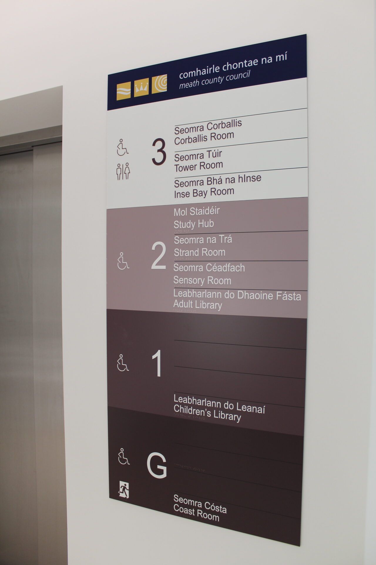 Bilingual Irish and English floor directory beside a lift at East Meath Civic Centre, listing rooms and the children's and adult libraries by level with accessibility pictograms and braille